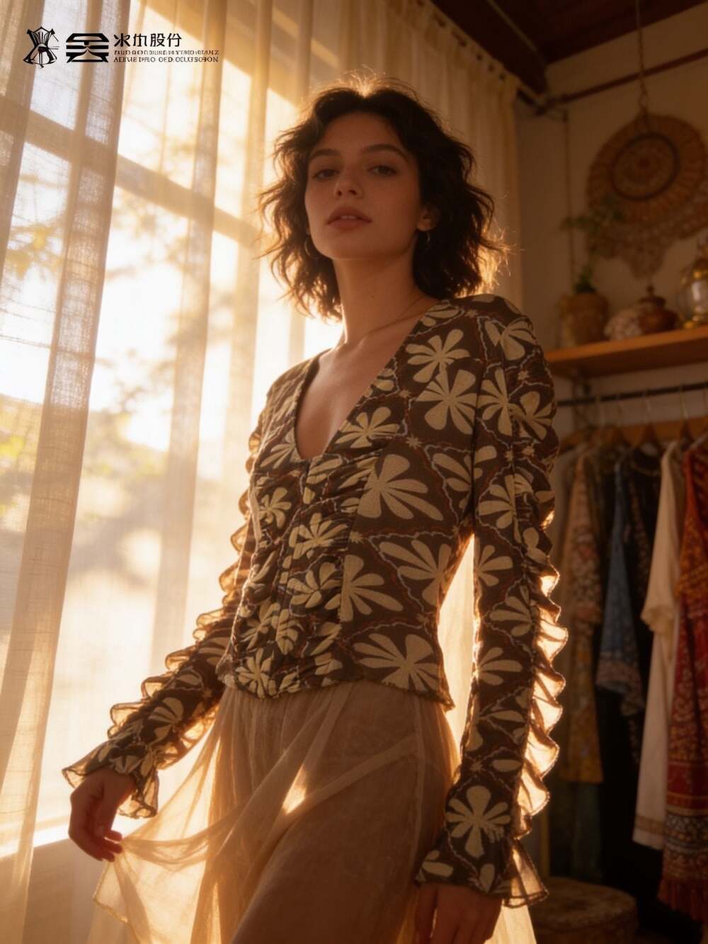 Free People Through The Meadow Floral Ruched Mesh Long Sleeve Top L